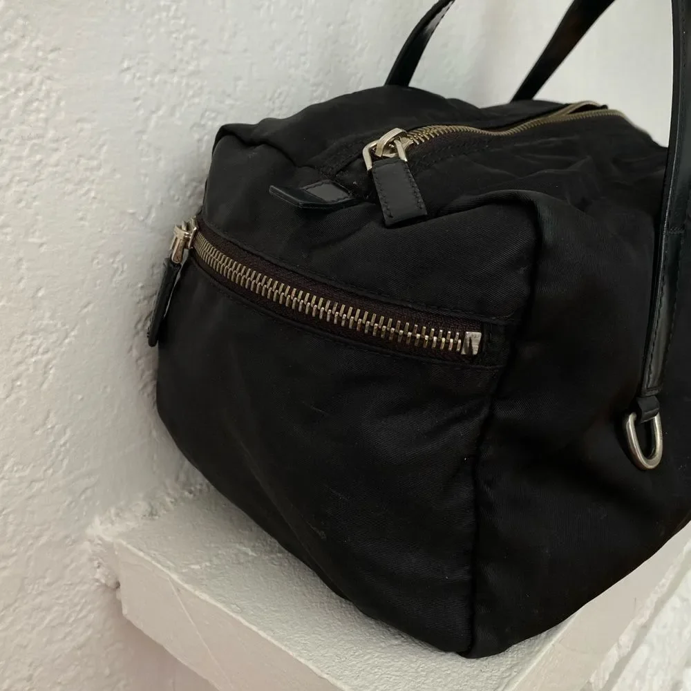 Prada black nylon duffle satchel bag